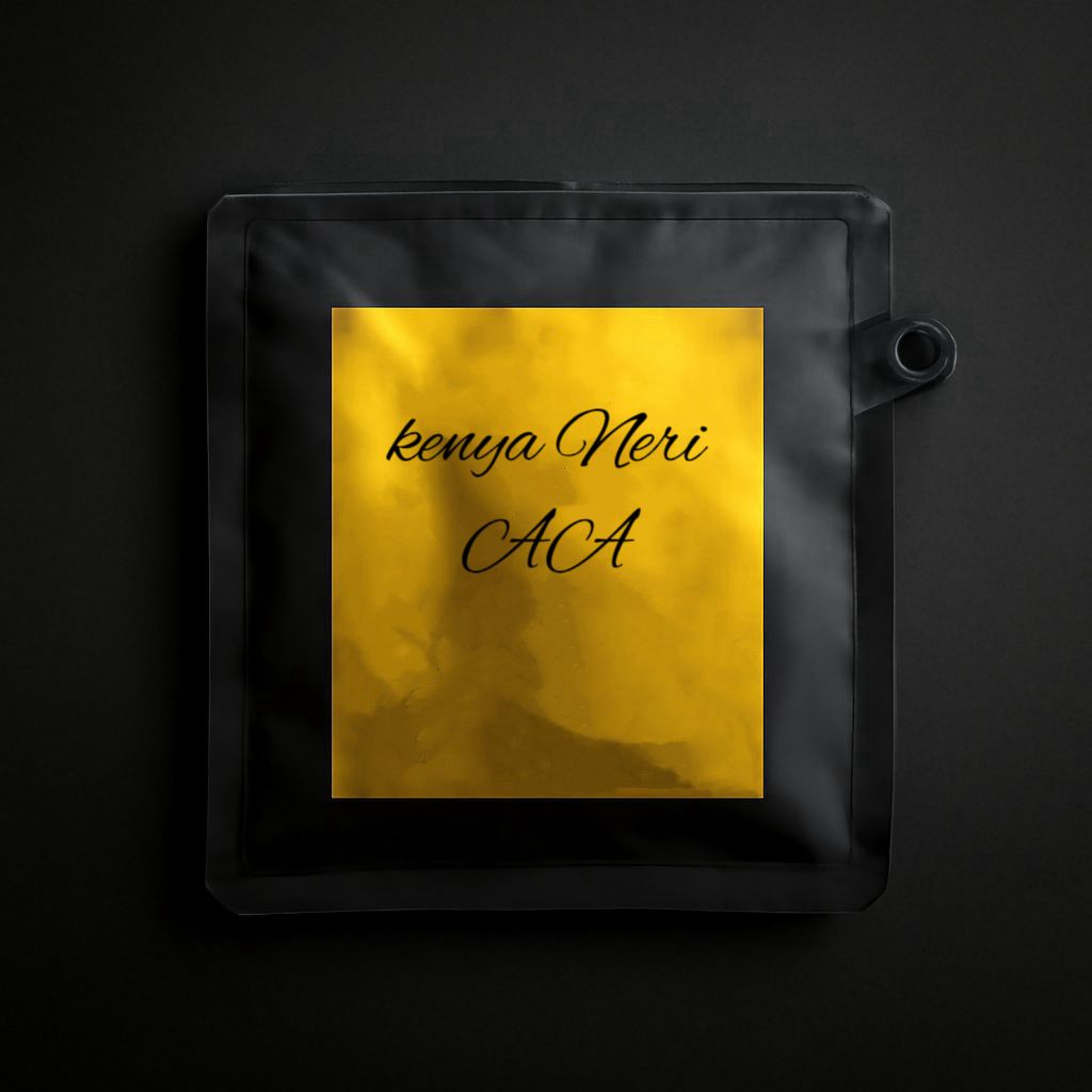 Black coffee bag with gold label featuring 'Kenya Neri ACA' on a black background